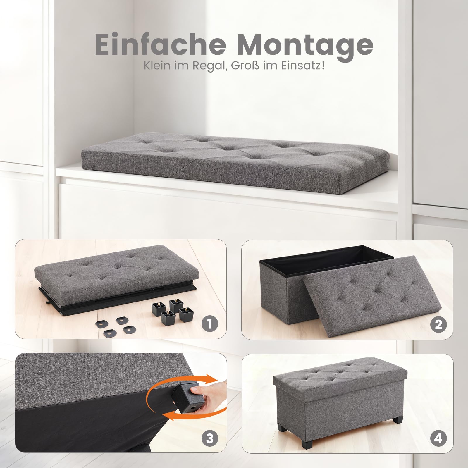 Sweetcrispy Banco con Espacio de Almacenamiento, Banco con Patas, 76 x 38 x 38 cm, Plegable, Caja de Almacenamiento con Tapa, soporta hasta 300 kg, para salón, Dormitorio, Pasillo, Gris Oscuro