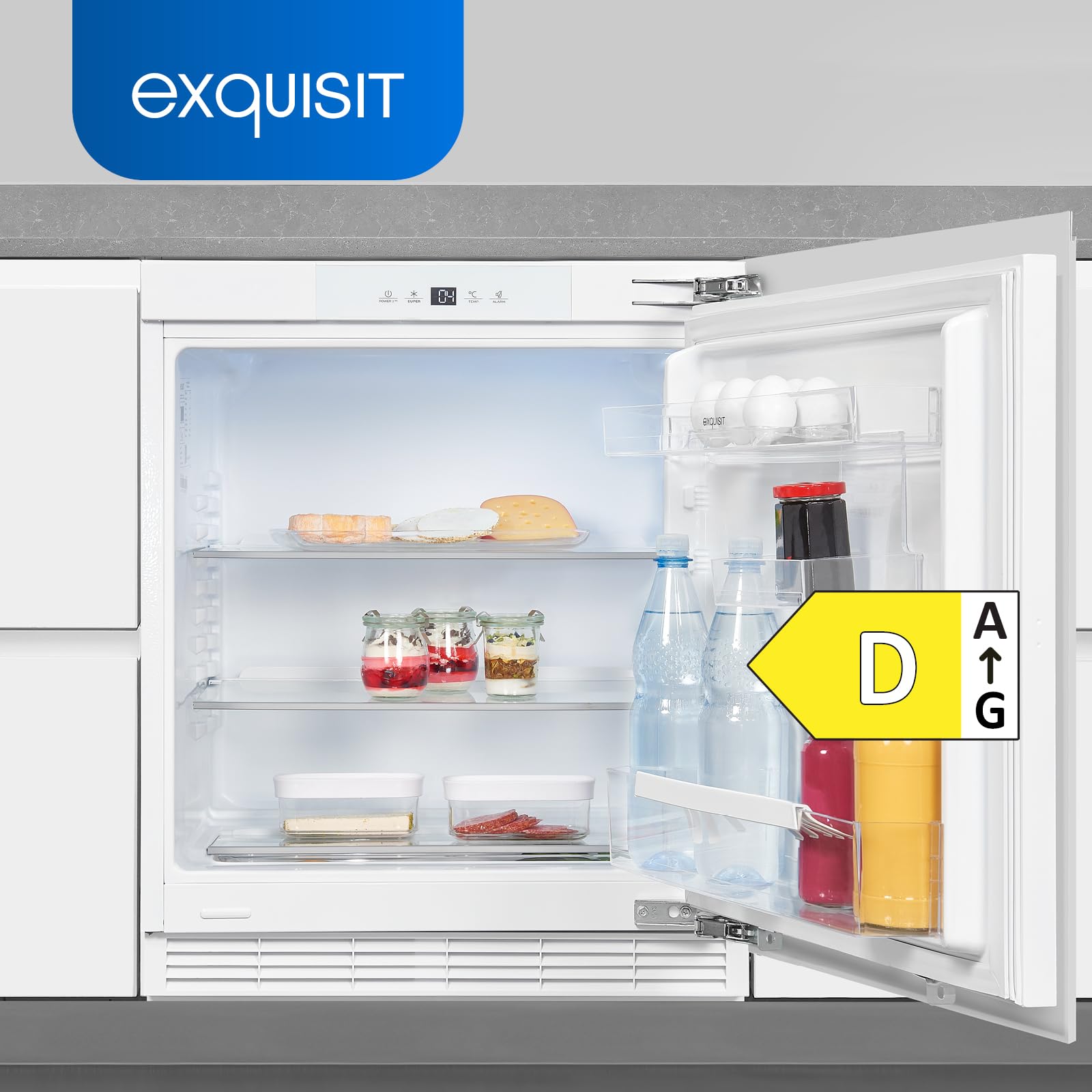 Exquisit UKS140-V-FE-010D Unterbau Kühlschrank, 138 l, Festtürmontage | Einbaukühlschrank mit digitaler LED-Anzeige, akustischem Türalarm, wechselbarem Türanschlag und hellem Innenlicht