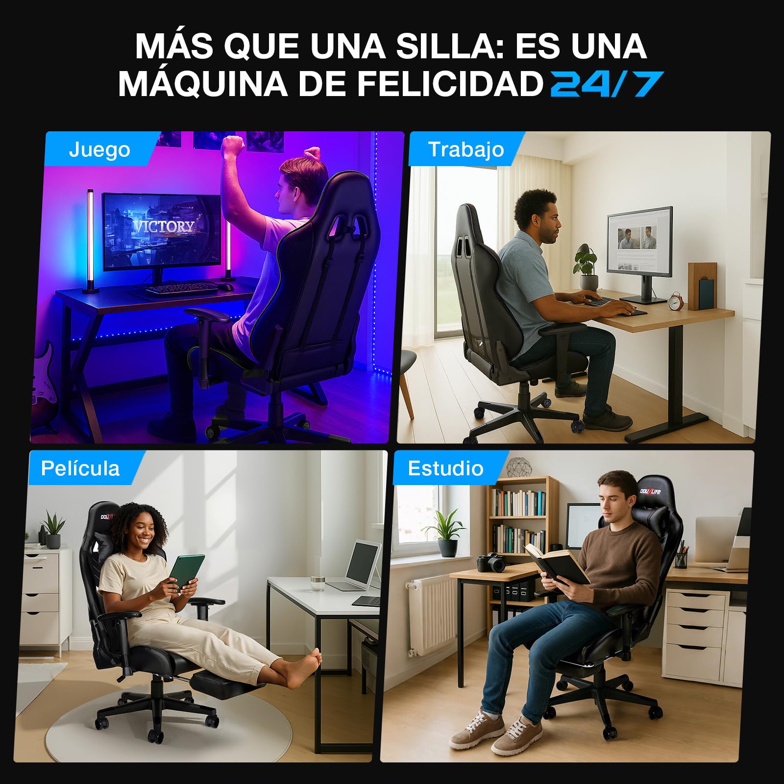 Douxlife Silla Gaming con Masaje de 7 Puntos, Silla de Oficina Ergonómica, Respaldo Ajustable 90-175°, Pasamanos 2D Ajustables, Capacidad de Carga 150-180 Kg, Negro Oscuro