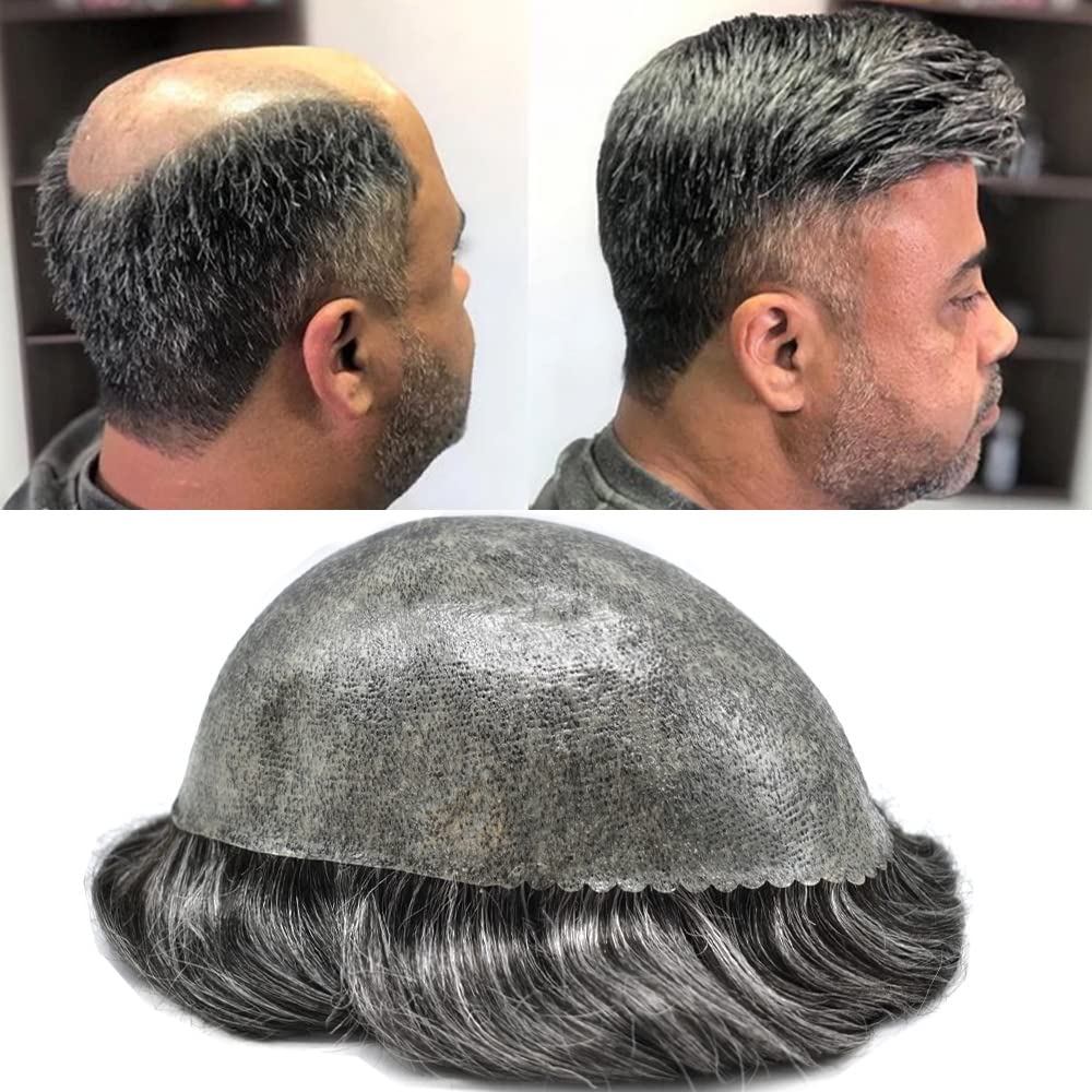 Toupee For Men Human Hair Replcement System Mens Toupee Full Poly Thinskin Mens Hair System 8X10Inch PU Skin Men's Hair Prosthesis120% medium light density#240#2 Darkest Brown+40% Grey