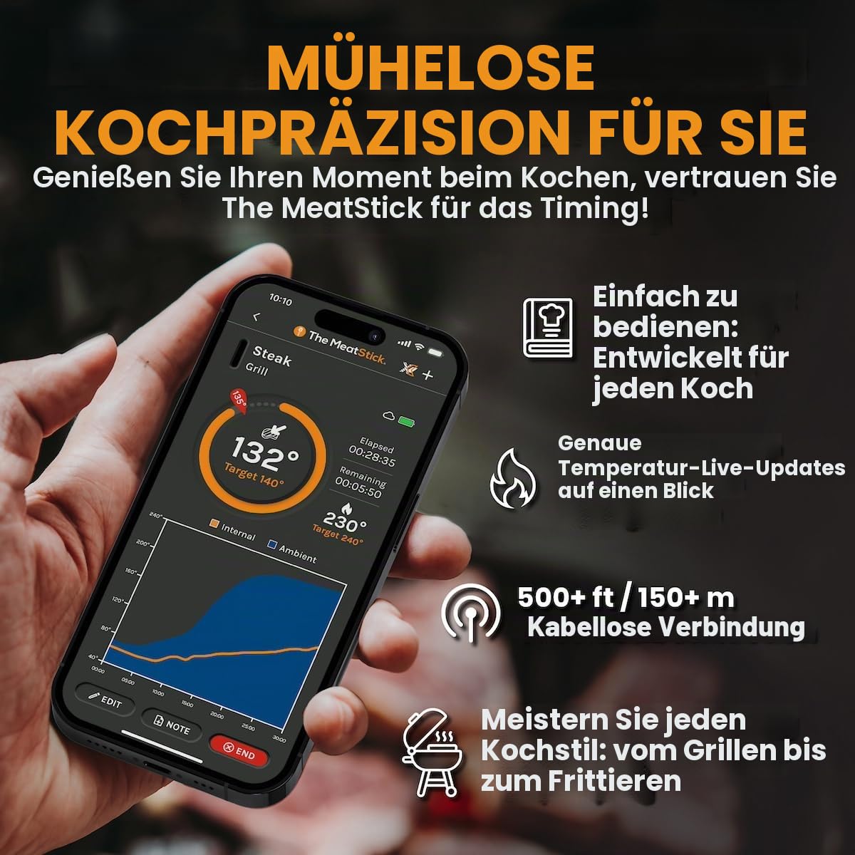 The MeatStick Thermometer mit App I kabelloses Fleischthermometer mit 10m Reichweite I präzises Temperaturmessgerät bis 300°C I Grillthermometer mit 92mm Temperaturfühler inkl. Xtender-Ladegerät