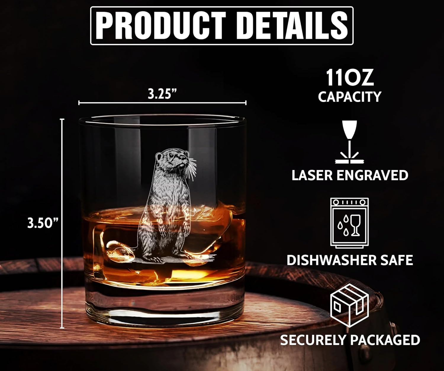 Otter Vintage Engraved Whiskey Glass - Wildlife Themed Gift - Unique Birthday Gifts For Friends And Family - Otter Lovers Gift - Vintage Old Fashioned Glass - Decor For Bar - Image 3