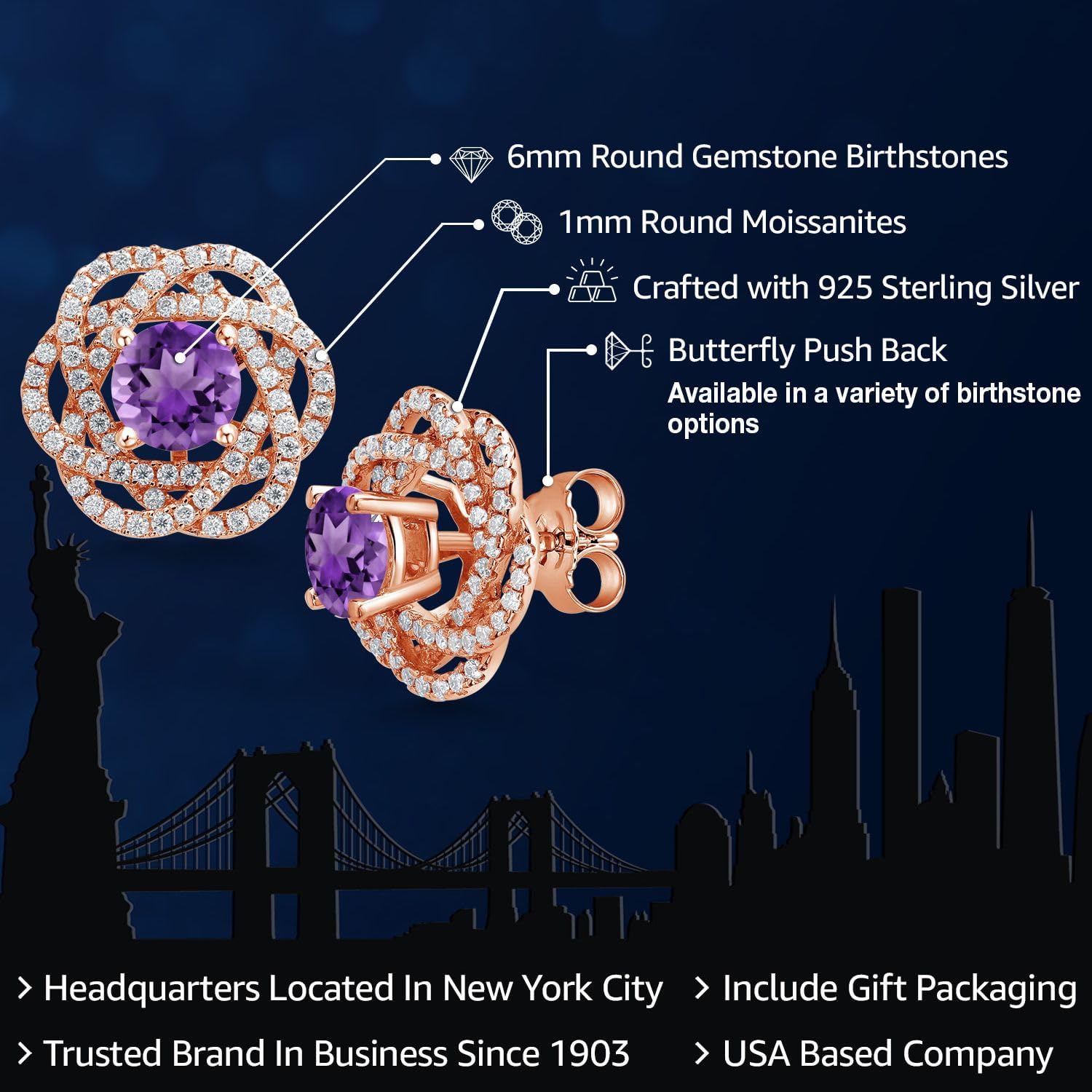 Gem Stone King 18K Rose Gold Plated Silver Round 6MM Gemstone Birthstone Stud Earrings with White Moissanite Removable Earrings Jackets For Women