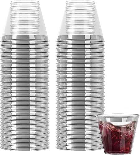 R-kay Vasos de plástico plateados  Paquete de 100  Vasos transparentes de 9 onzas  Vasos de fiesta duros, desechables y resistentes  Vasos de