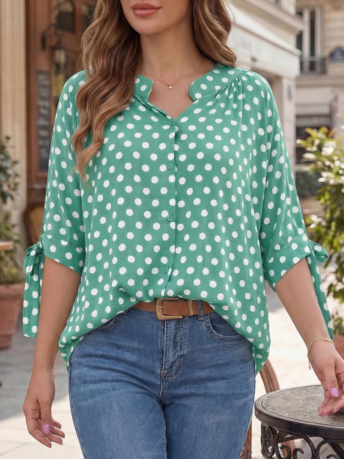 Cicy Bell Haut à pois pour femme - Col en V - Boutonné - Chemisier à manches mi-longues - Haut d'été décontracté