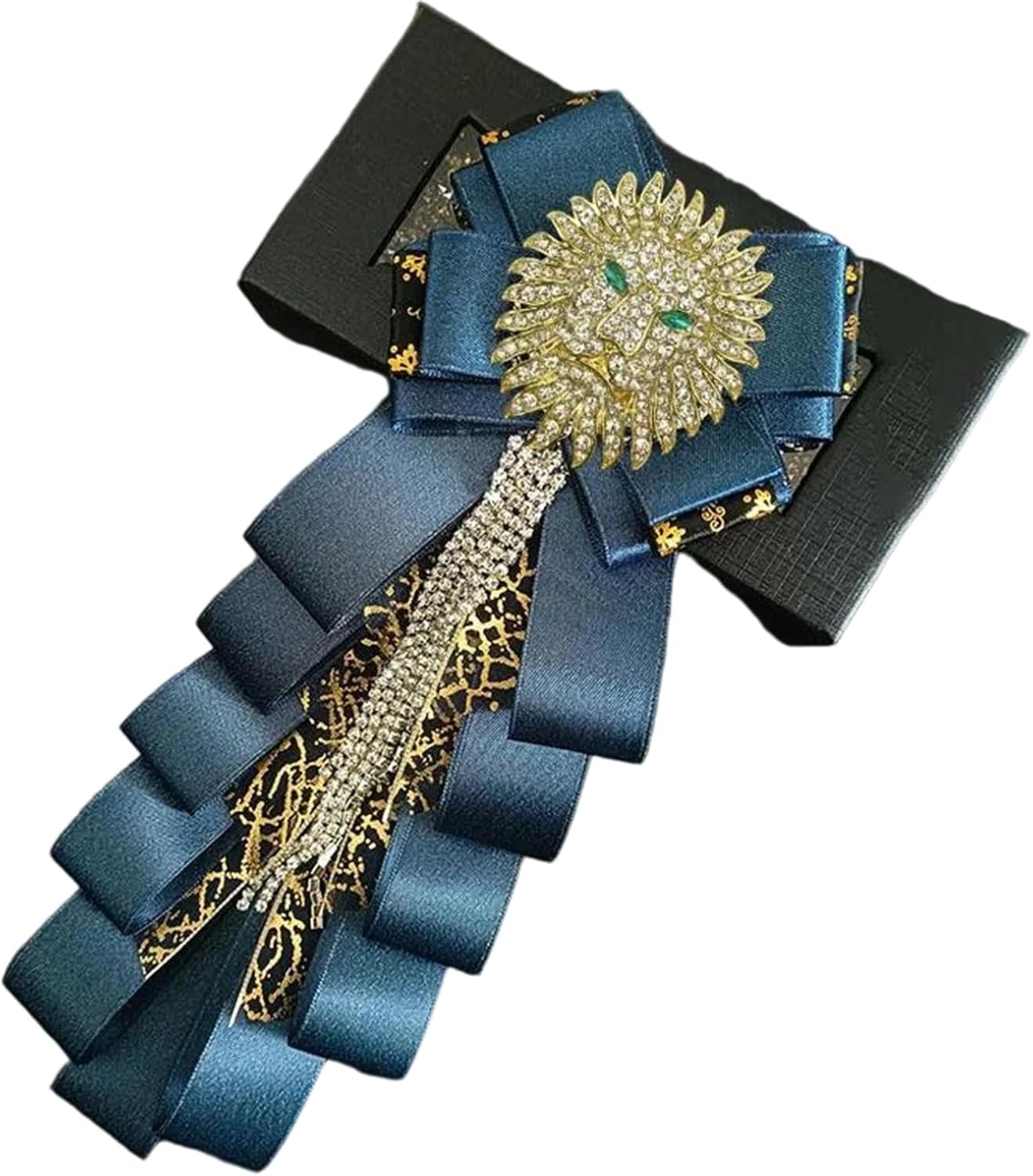 Womens Mens Lion Bow Tie Tassel Brooch Luxury Rhinestone Handmade Ribbon Collar Flower for Suit Shirt