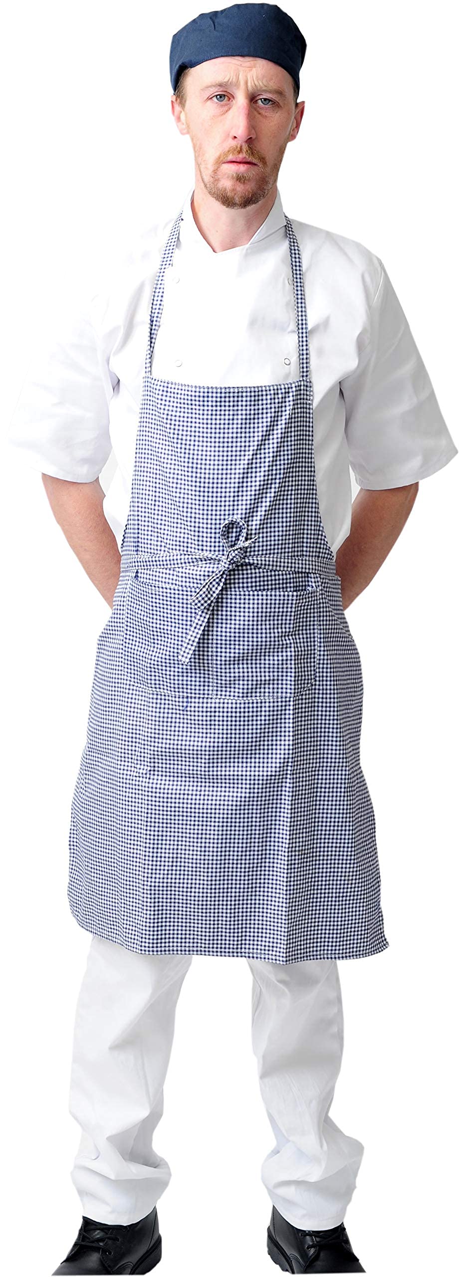 Black Pepper Polycotton Halter Neck Bib Apron with Pocket for Chefs, Waiters, Restaurants, Gingham Blue, Pack of 5