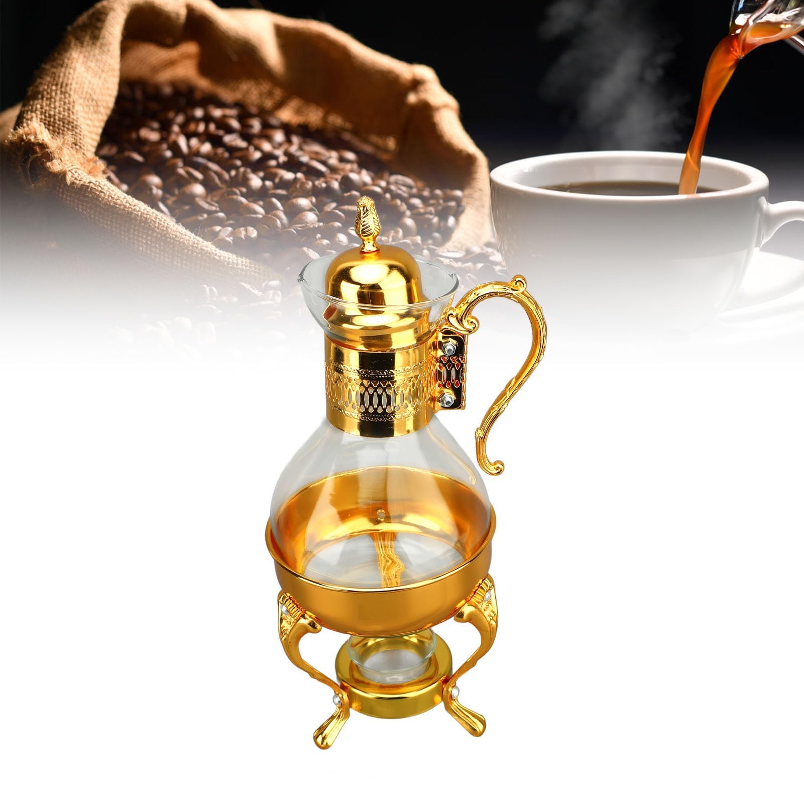 Glas-Set, Glas-Kaffeekanne, Glas- mit Stövchen, türkische, Vintage-Stil, Teekessel, klare Glas- mit Deckel und Tasse (Gold)