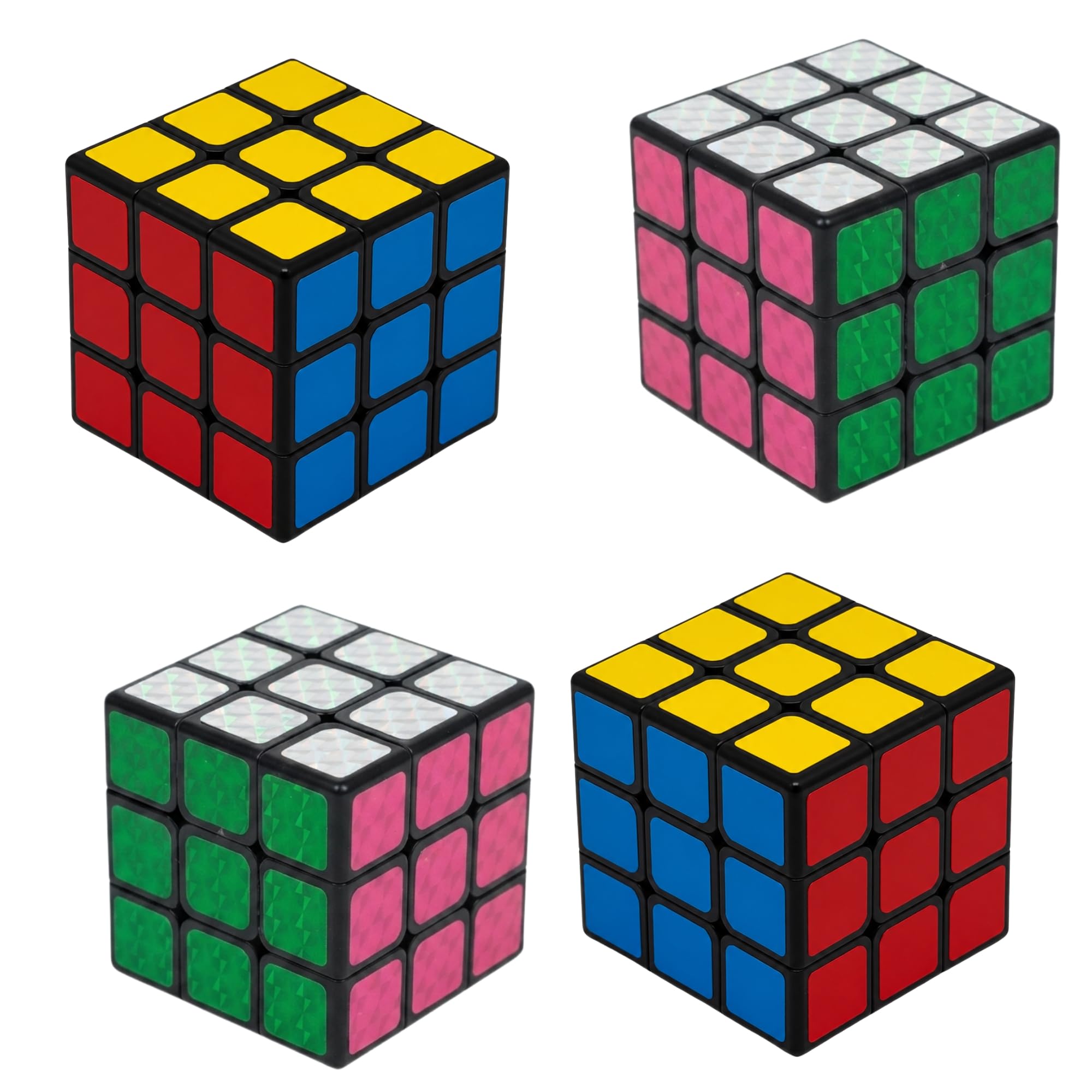 4PCs Magic Cube Puzzle Set, 2x Classic & 2x Crystal Designs, 5.5cm Fidget & Travel Toy, Party Bag Filler, Novelty Puzzle Gift for Kids & Adults, Christmas Birthday Stocking Fillers