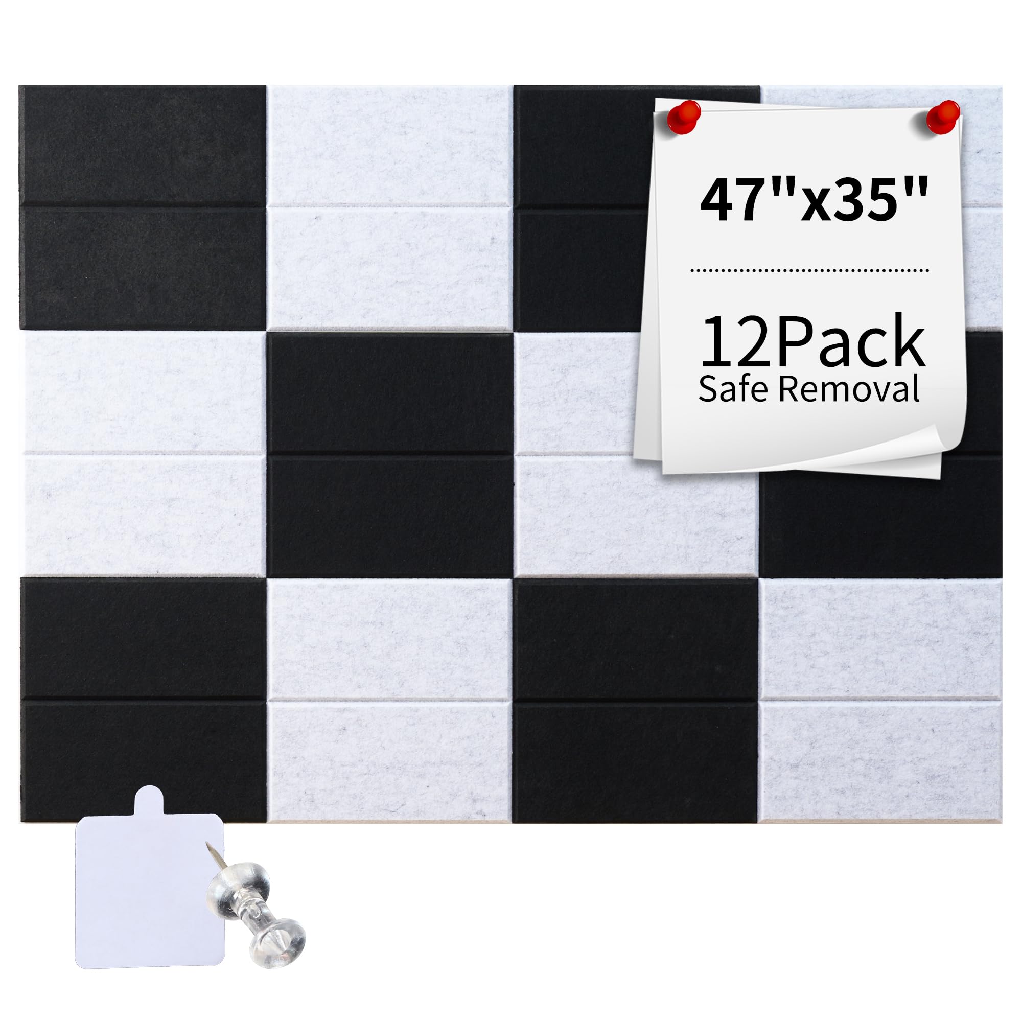Large Felt Wall Tiles & Cork Board Set, 47x35 Inch | Includes 30 Push Pins & 96 Adhesive Tapes | 12 Felt Bulletin Board Tiles for Office, Dorm, Classroom, or Home Decor (Black and Gray)
