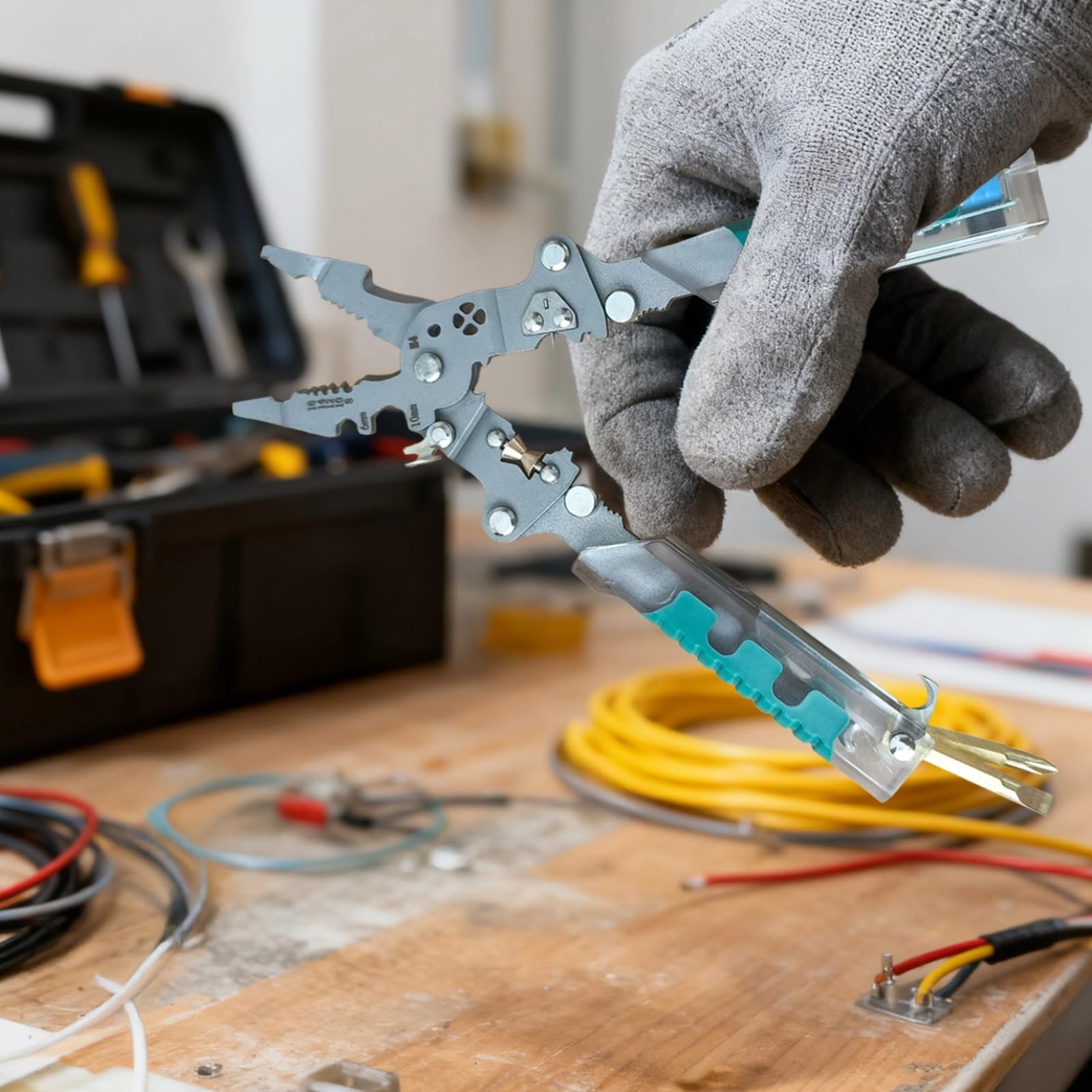 Wielofunkcyjny ściągacz izolacji z testerem napięcia, szczypce elektryczne dla elektryków, do cięcia drutu, zaciskania i zdejmowania izolacji, 8,5 x 4,7 x 3,7 cala, 21,5 x 12 x 9,5 cm