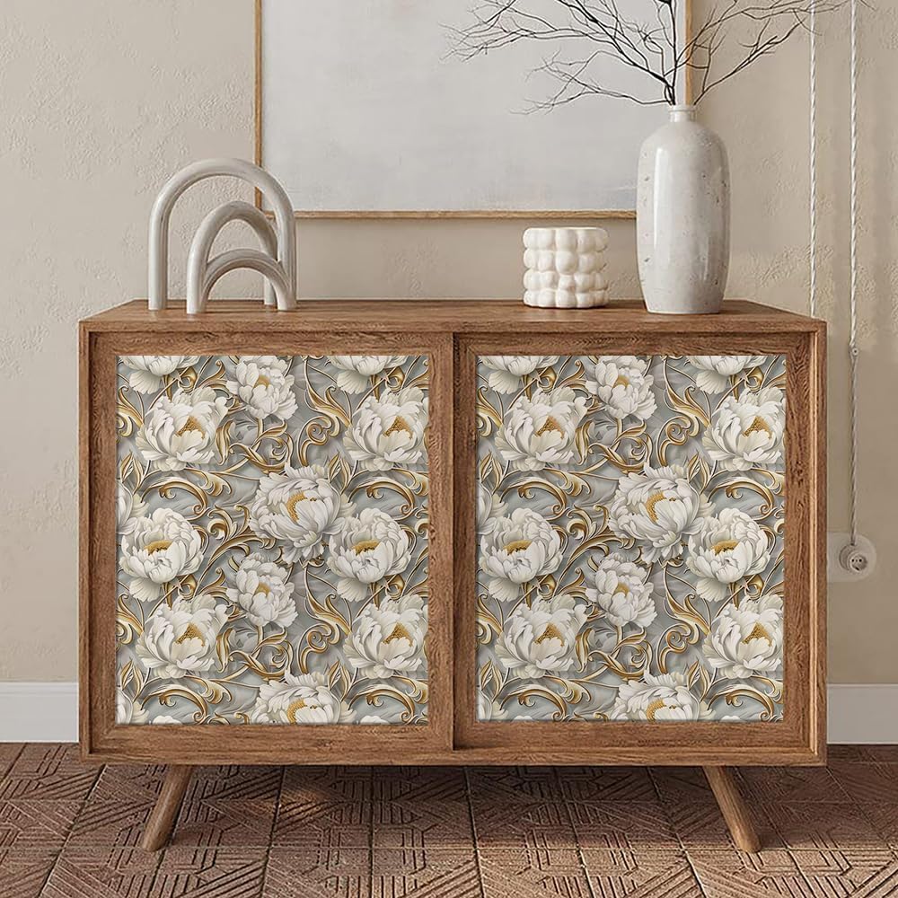 Vintage White Peony Floral Golden Flowers Damask Peel and Stick Wallpaper Easy Peel Off Stick on Adhesive Waterproof Wall Paper for Renter