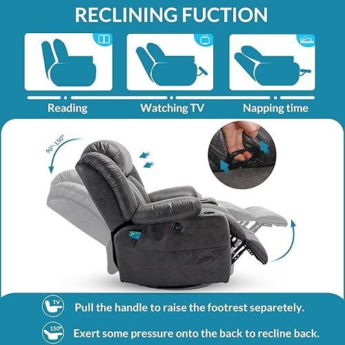 Miniatura 3 de Silla reclinable manual giratoria de 360 grados con masaje y calor, puertos USB, bolsillos laterales y portavasos (gris)