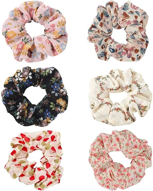 nuoshen 6 Pcs Flower Hair Scrunchies, Elastic Ponytail Scrunchies Chiffon Floral Hair Ties for Women Girls Ladies-6 Colors