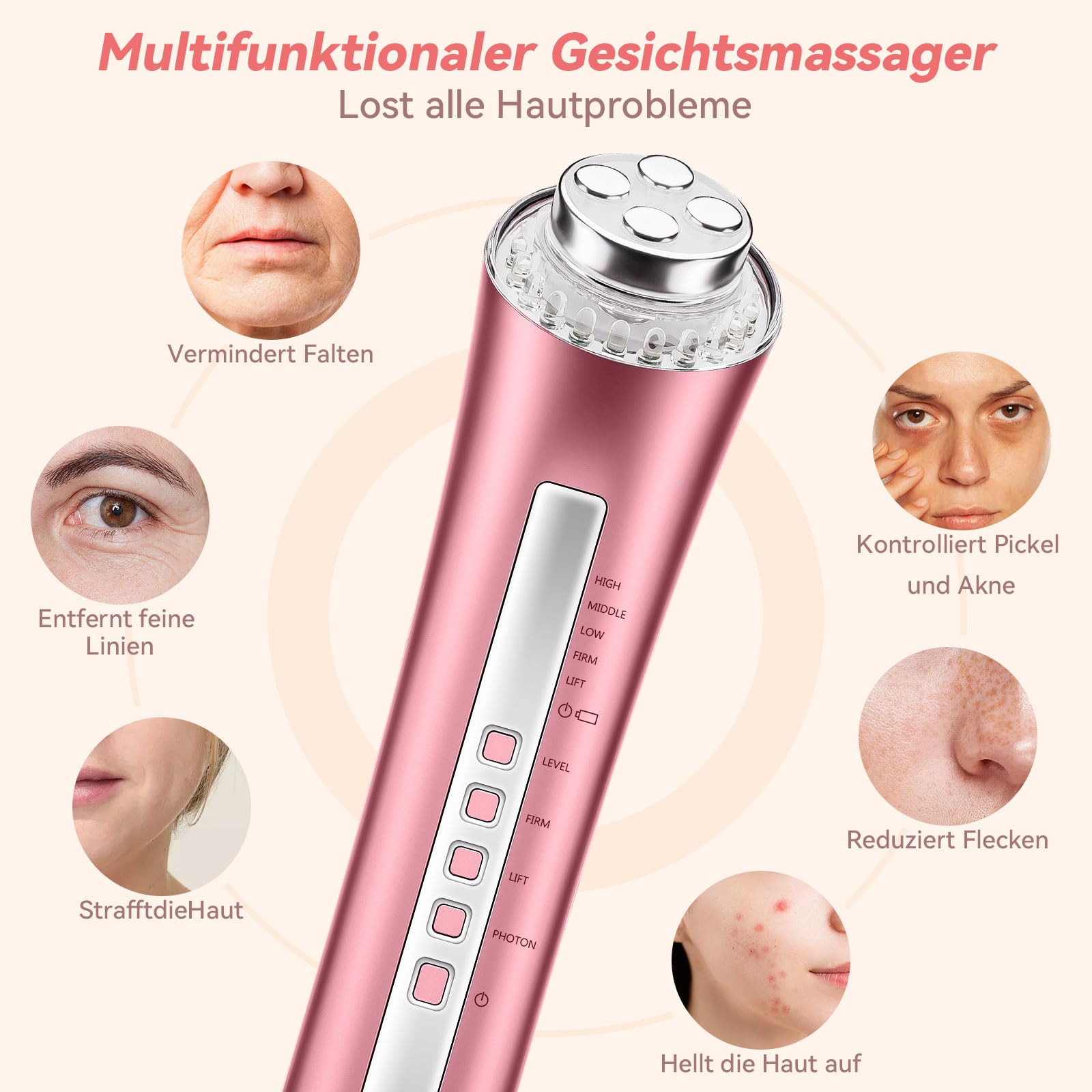 CARER BEAUTY Gesichtsmassagegerät Gegen Falten RF Schönheitsgerät mit 3 LED Licht EMS Phototherapie für Anti-Aging Faltenreduzierung feine Linienreduktion
