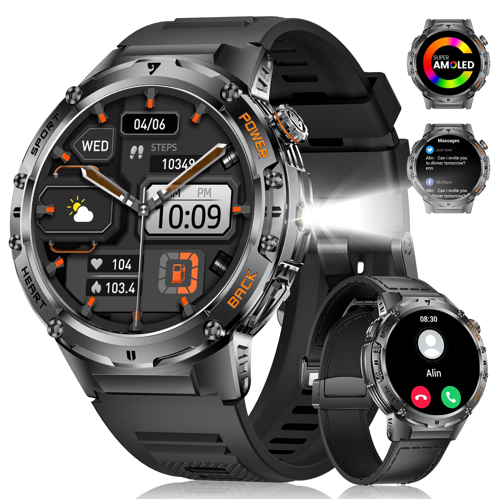 LIGE Orologio Smartwatch Uomo, 1,43" AMOLED Schermo Smartwatch, Impermeabile IP68 Smartwatch Militare, Bluetooth Chiamata Vocale Monitoraggio del Sonno Monitor della Frequenza Cardiaca, Android iOS