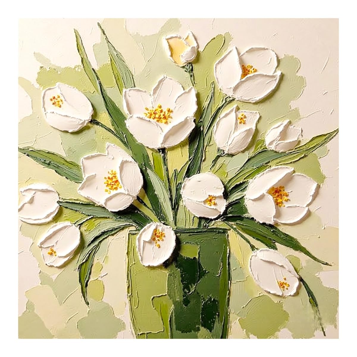 LCDIUDIU Flower Oil Paintings On Canvas Hand Painted Thick Textured White Tulip Floral Vase Still Life Art Modern Abstract Unframed Green Botanical Wall Decor for Kitchen Living Room 80X80Cm(32X32In