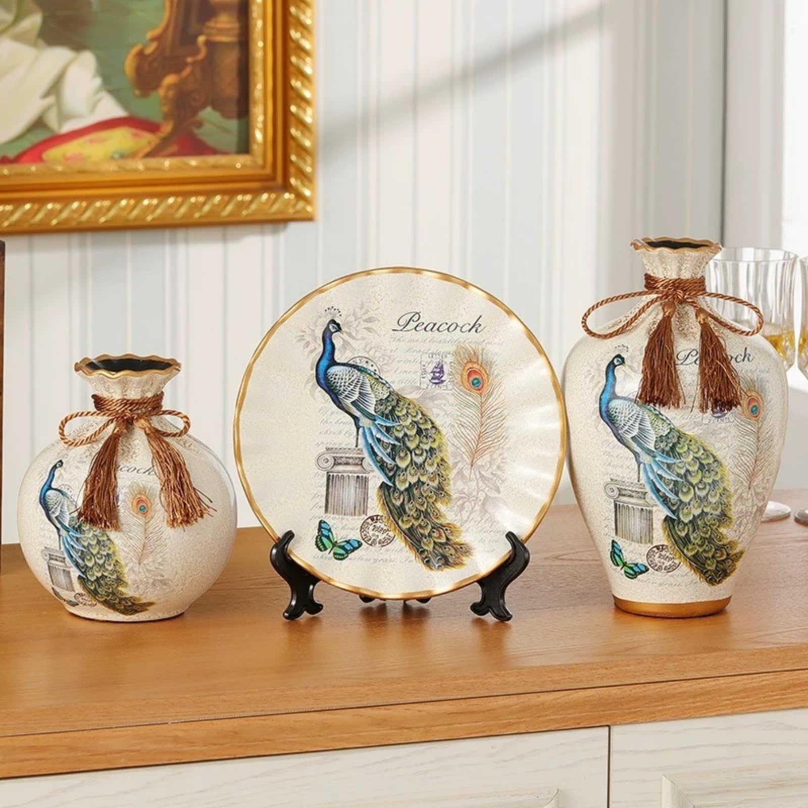 Set decorativo in ceramica retrò europea, motivo pavone, 3 pezzi con vasi e piatti, stile vintage, decorazione soggiorno