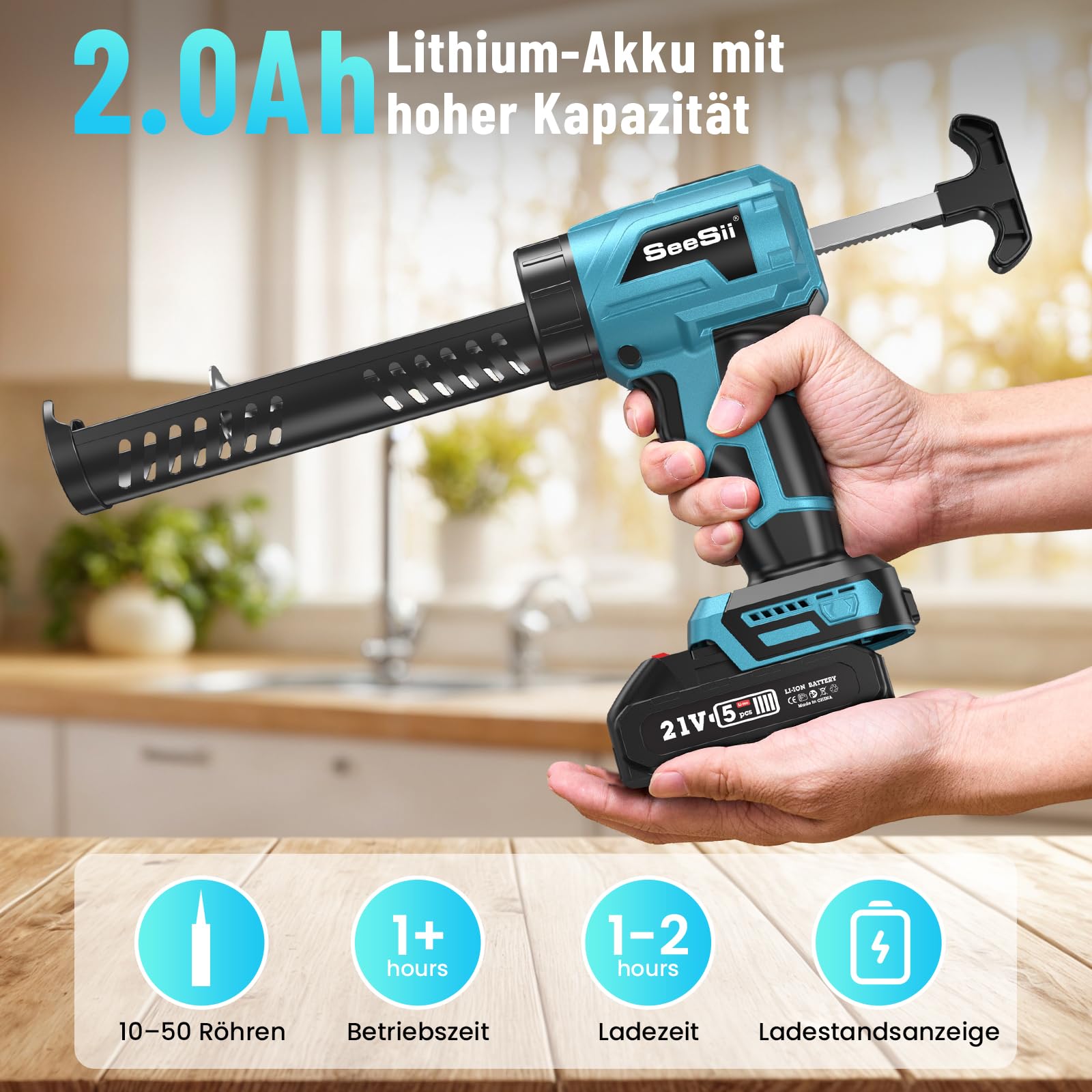 SEESII Akku-Kartuschenpresse Kompatibel mit Makita 18V, Akku-Kartuschenpistole mit 2000mAh, 4 Geschwindigkeiten, Elektrische Silikonpistole, Akku-Silikonpistole für 300ml-Kartuschen (300ml)