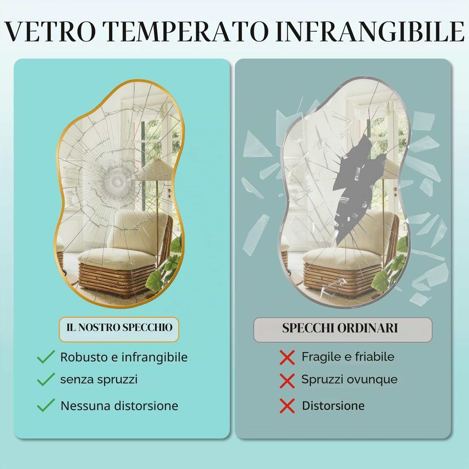 Clevich Specchio asimmetrico 50 x 91cm, Specchio da Parete Decorativo Con Cornice InAlluminio, sottile design moderno, per Soggiorno, Ingresso, Camera da Letto, Corridoio Specchio da Appendere