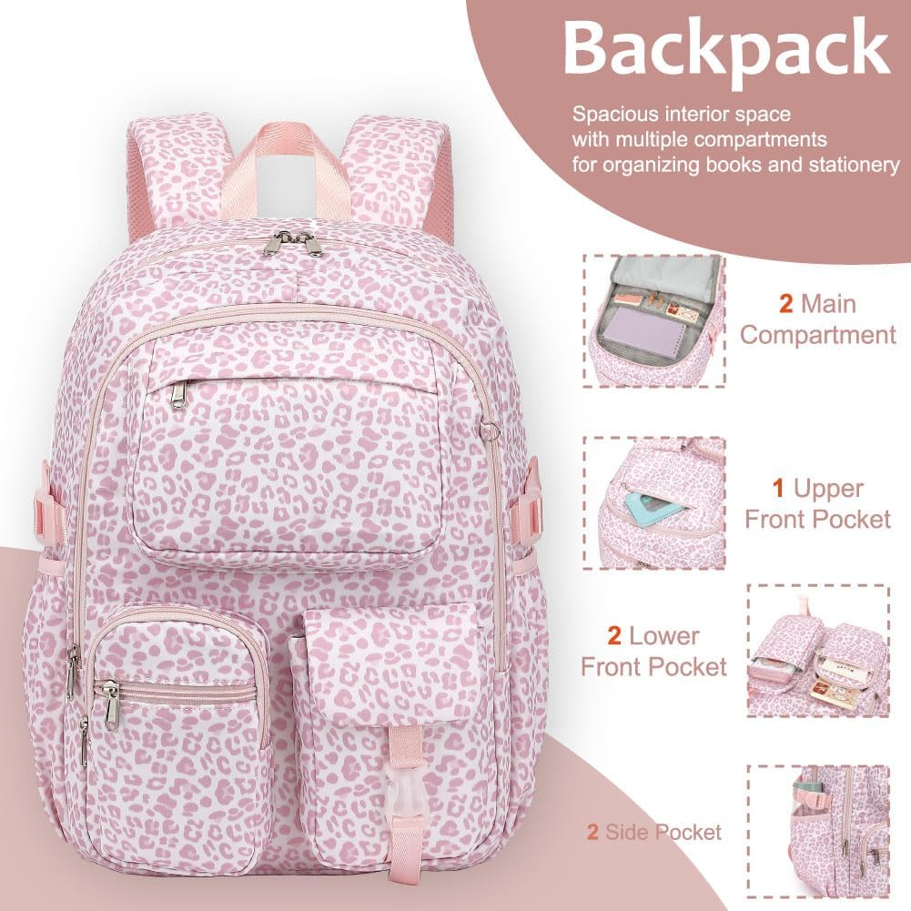 Girls Backpack Set for School Backpacks with Lunch Box Pencil Case 3 Piece Bookbags, Kids Elementary Teen Student Lightweight School Bag Set-Leopard Pink