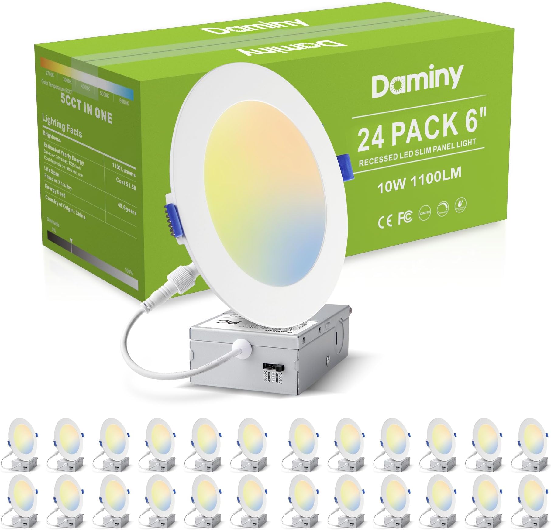 DAMINY 24 Pack 6 Inch LED Recessed Lighting with Junction Box,5CCT,Ultra-Thin Recessed Light,10W 1100LM, Dimmable Canless Wafer Ceiling Light, High Brightness