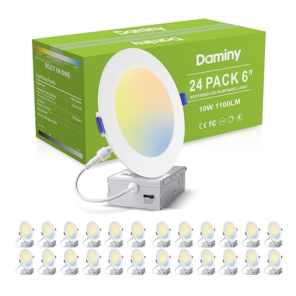 DAMINY 24 Pack 6 Inch LED Recessed Lighting with Junction Box,5CCT,Ultra-Thin Recessed Light,10W 1100lm, Dimmable Canless Wafer Ceiling Light, High Brightness - ETL