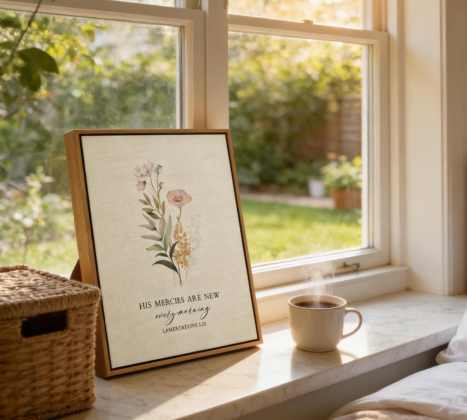 Framed Christian Floral Scripture Canvas Wall Art Boho Bible Inspirational Picture Wall Decor His Mercies Are New Every Morning Poster Print Artwork for Prayer Room Church Study Living Room Home Decoration