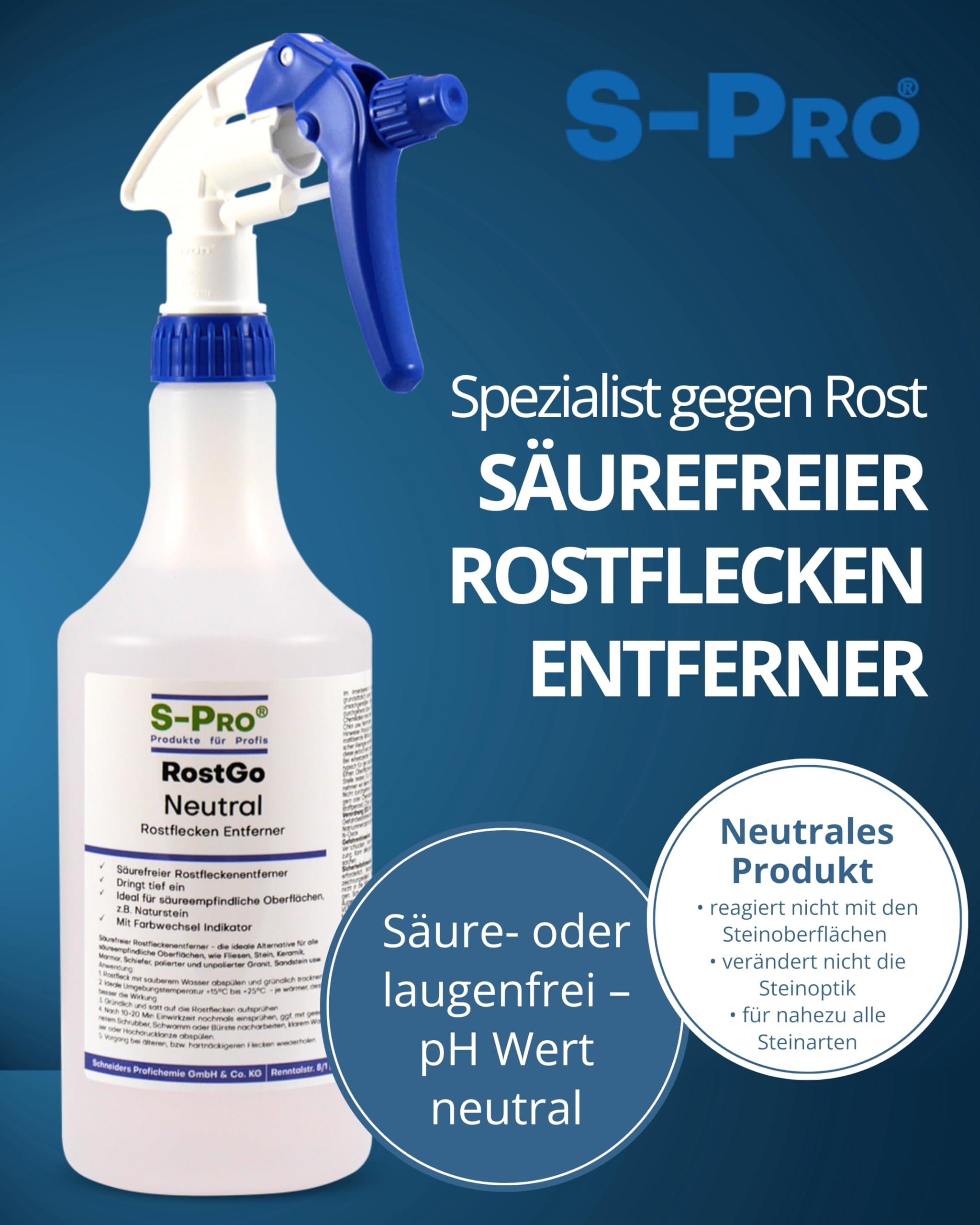 S-Pro RostGo-Neutral 3x750ml I pH-neutraler Rostentferner mit Farbwechsel Indikator I Tiefenwirksames Spray für innen & außen I Ideal für Naturstein, Fliesen & empfindliche Oberflächen