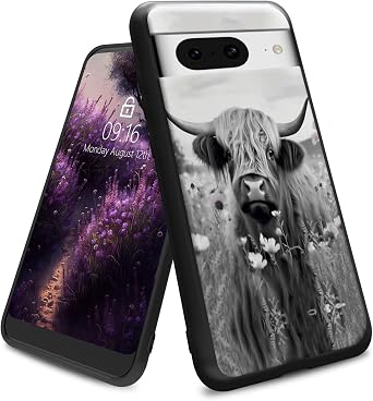 for Google Pixel 8 Case,for Google Pixel 8 Phone Case,Ultra Thin Shockproof Anti-Slip Soft Silicone Gel Black TPU Protective Phone Case for Google Pixel 8 2023,Highland Cow Ox Cattle