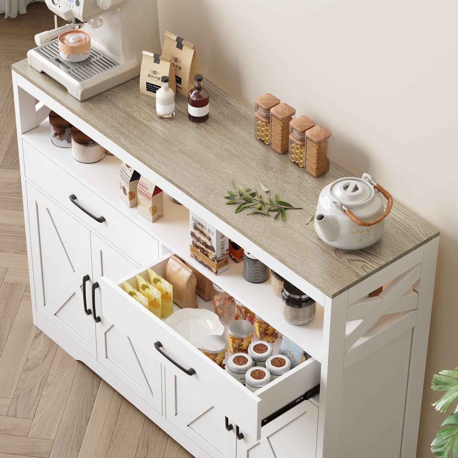 Mobile portaoggetti con 2 cassetti e 4 ante,Credenza Cucina,Scomparto Aperto e ripiano regolabile,Buffet Mobile de Cucina Bassa, credenza sala da pranzo per cucina, 140x40x105cm,bianco