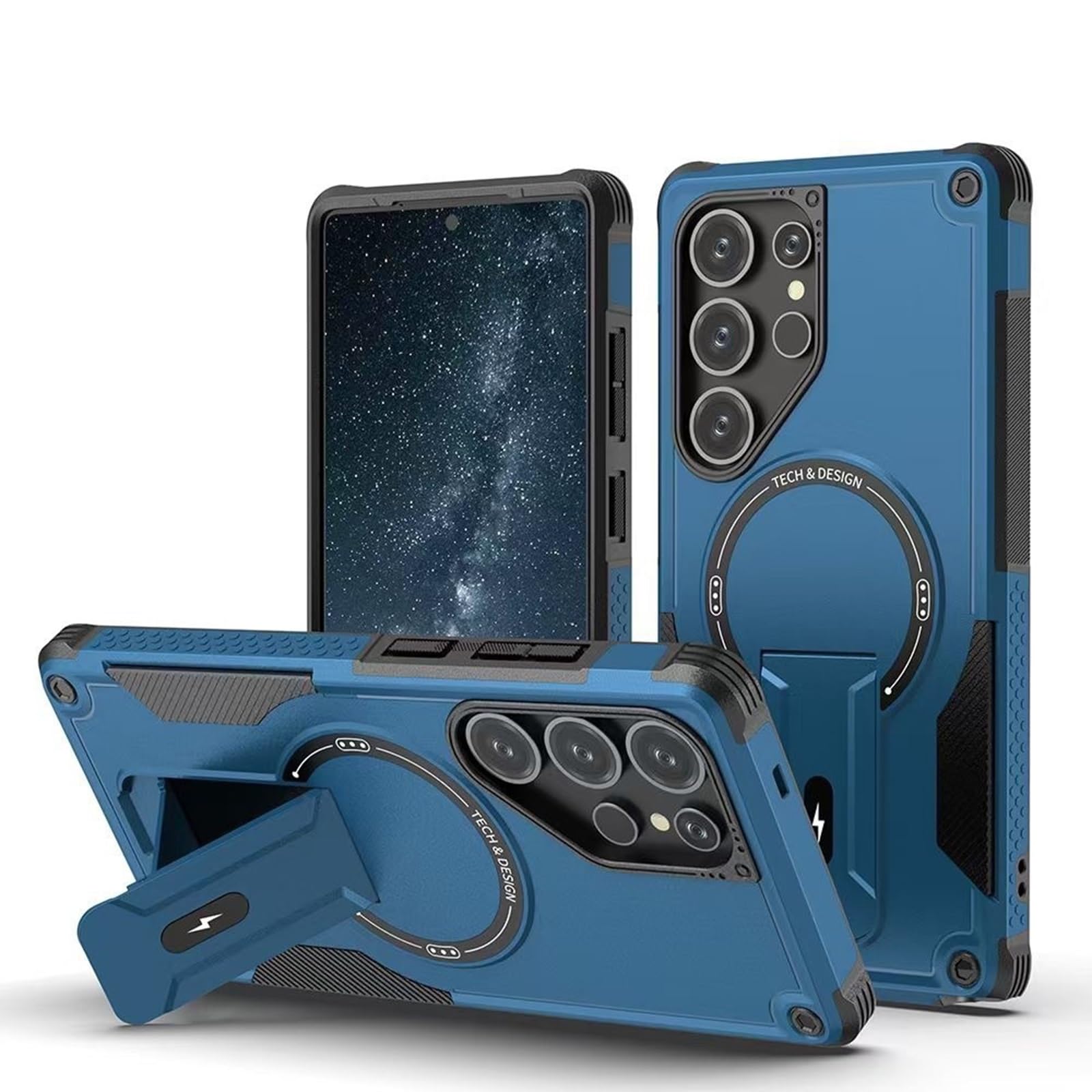 Magnetyczne etui do Samsung Galaxy S25 Ultra/S25 Plus/S25, etui ochronne z folią ochronną na wyświetlacz, podstawka (niebieskie, S25 Plus)