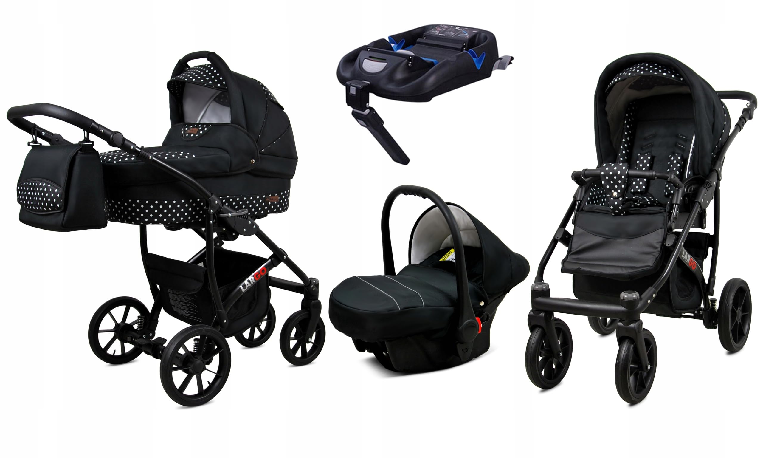 BabyLux Zestaw wózków dziecięcych 4 w 1 – Largo – w zestawie wanienka dla niemowląt, fotelik sportowy, fotelik samochodowy, stacja bazowa ISOFIX – fotelik samochodowy – zestaw wózków dziecięcych