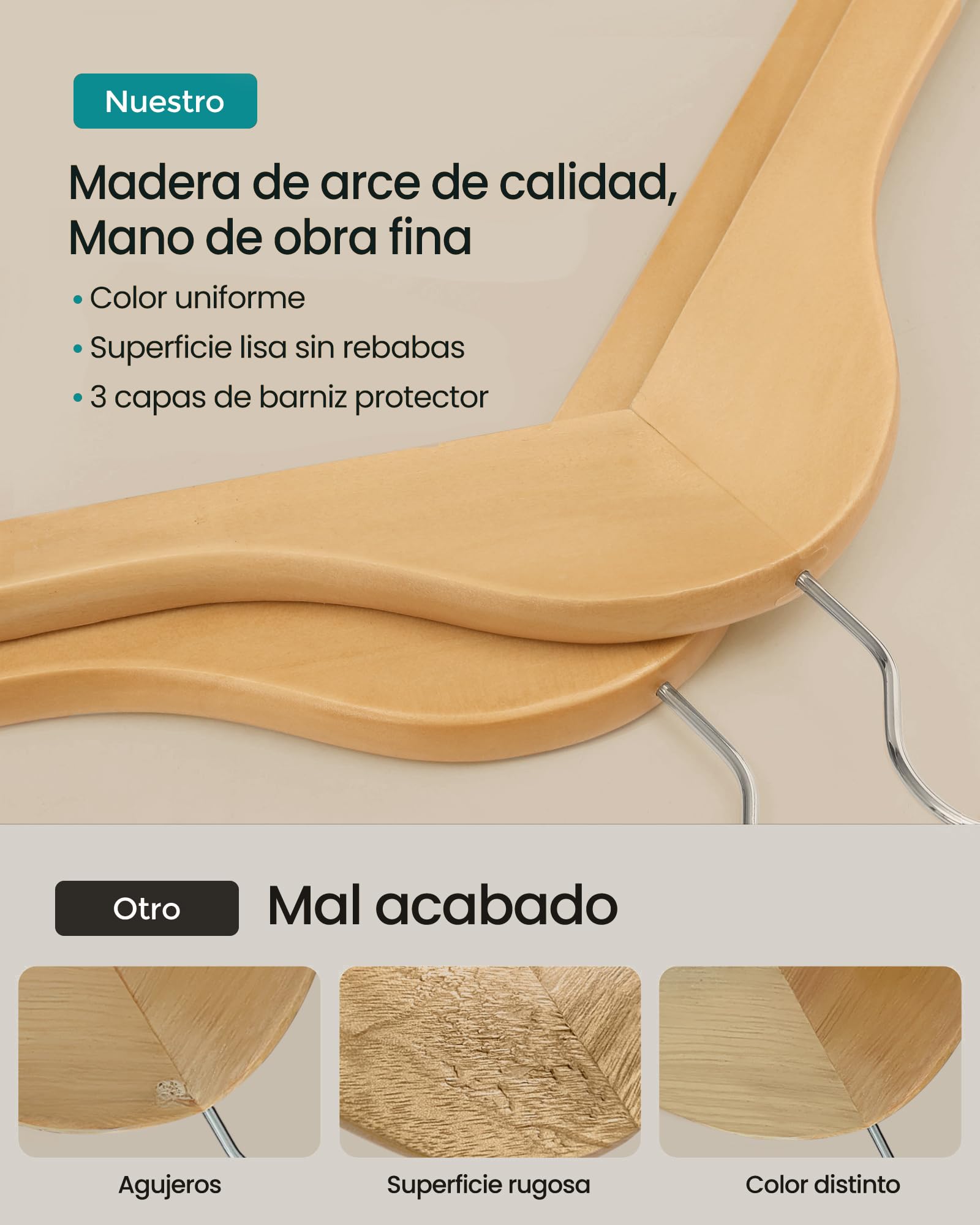 SONGMICS Juego de 20 Perchas, Perchero con Ruedas, Percha de Madera Maciza, Barra Extensible, Gancho Giratorio 360°, Plata, Natural y Plata HSR013S01