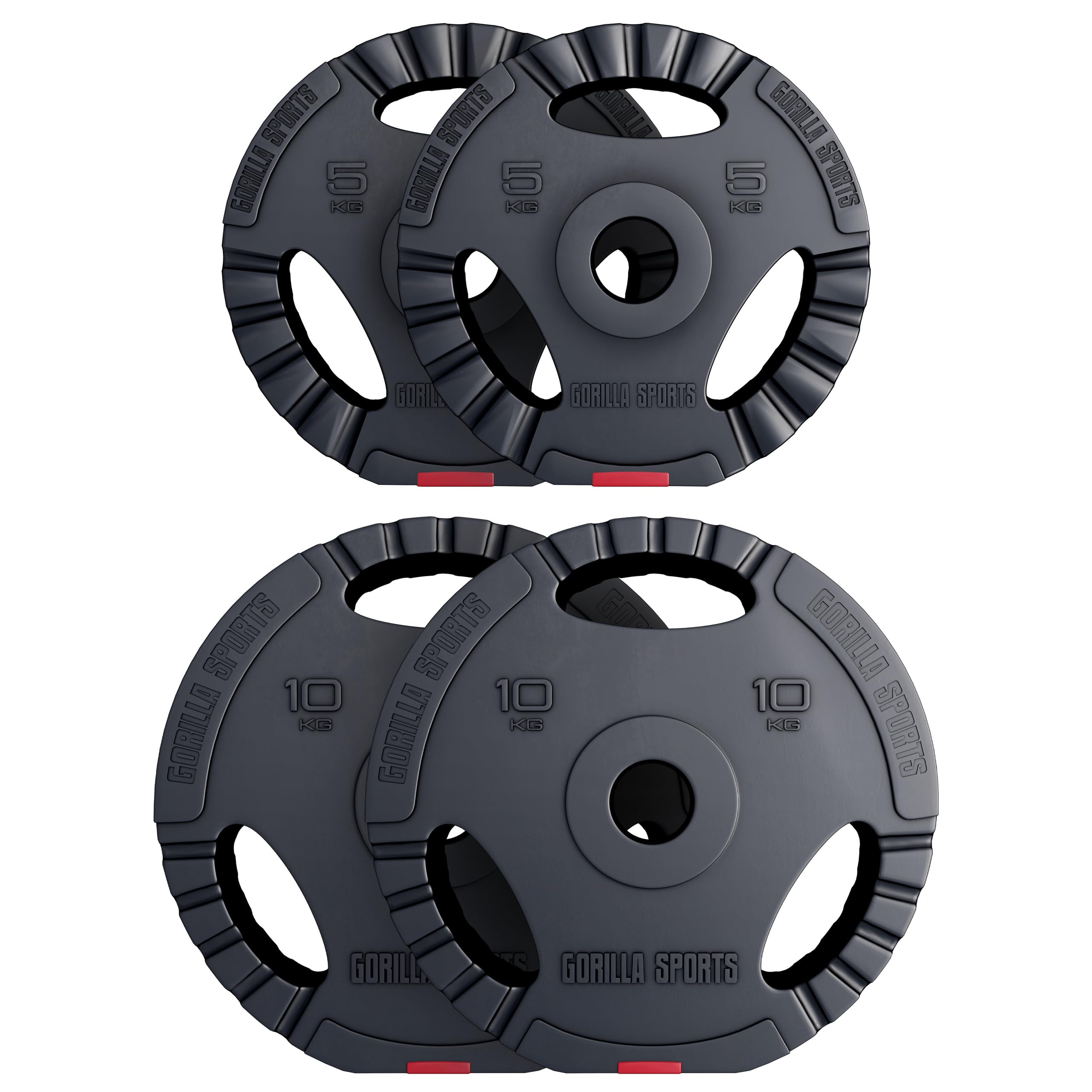 Gorilla Sports® Dischi Pesi Olimpici - 1,25kg, 2,5kg, 5kg, 10kg, 15kg, 30kg, Singolo/Set, Foro 50 mm, con Manico, Tri-Grip, Rivestiti in Plastica - Piastre per Bilancieri, Manubri, Palestra