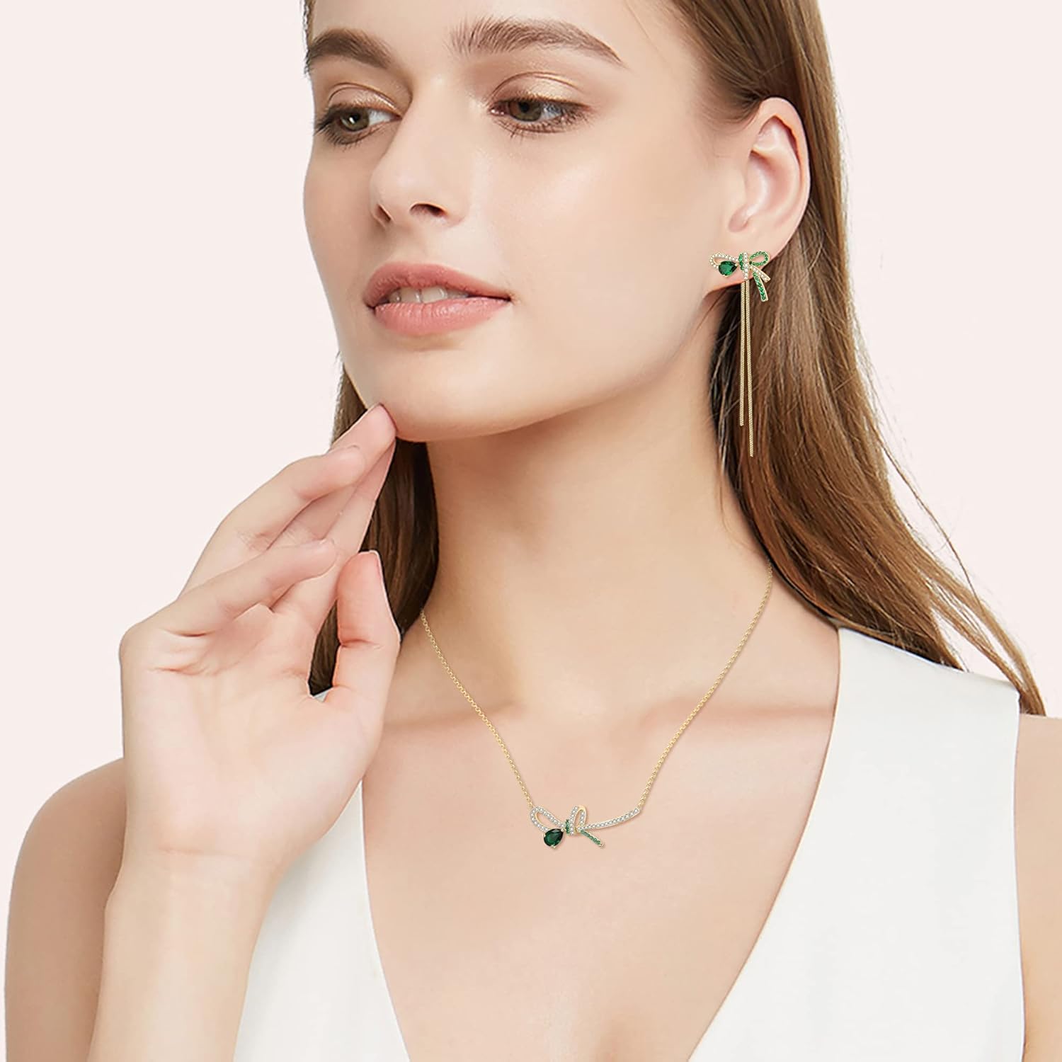 EVER FAITH Bow Jewelry Sets Sparkly Teardrop Cubic Zirconia Butterfly Knot Pendant Necklace Long Tassels Earrings Set Birthday/Anniversary/Valentine/Mothers Day Jewellry Gift for Grilfriend Wife