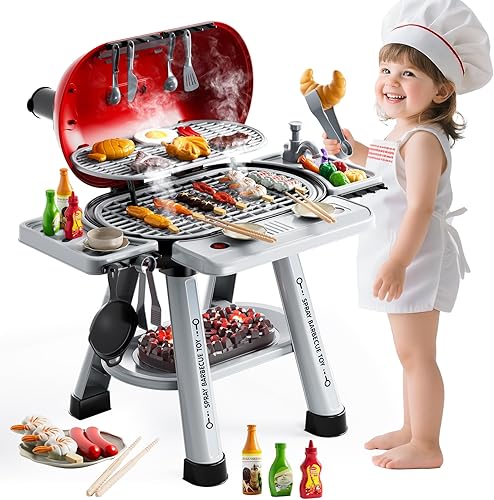 Juego de parrilla para niños pequeños de 3 a 5 años, juguete de cocina de barbacoa al aire libre de 2 capas con humo, luces y sonidos, juego de