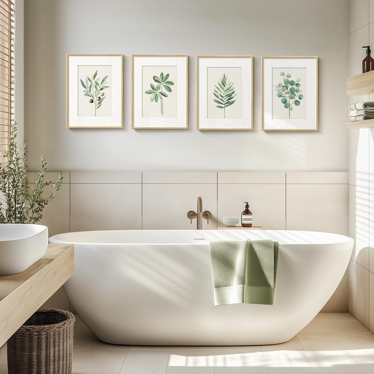 Framed Sage Green Botanical Wall Art for Room Decor, 4 piece Farmhouse Minimalist Plant Artwork for Walls, Boho Vintage Leaf Picture Prints for Bathroom Bedroom Kitchen Living Room Wall Decor 11x14 In