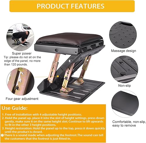 Miniatura 5 de Reposapiés ajustable para debajo del escritorio en el trabajo, cómodo reposapiés con ajuste de altura de 4 niveles, reposapiés ergonómico para silla