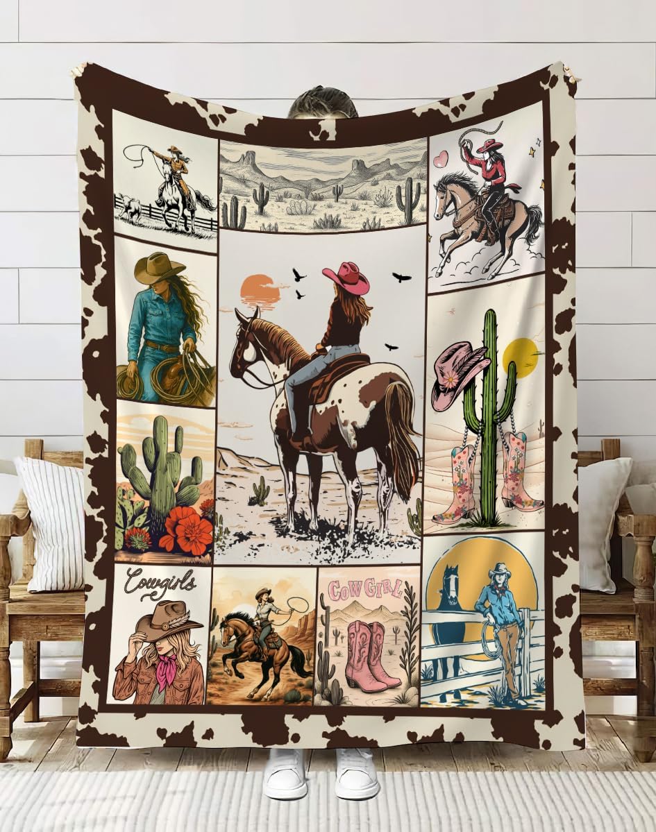 Cowgirl Collage Western Throw Blanket, Rustic Country Farmhouse Cow Print Fleece Blanket, Soft Cozy Flannel Wild West Rodeo Horse Blanket for Couch, Bed, or Living Room Decor (50"x60")