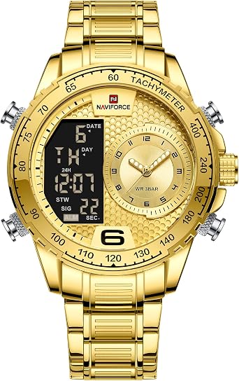 NAVIFORCE Mens Watches Dual Display Digital Quartz Watch Multifunction Business Stainless Steel Wrist Watch, gold, Classic