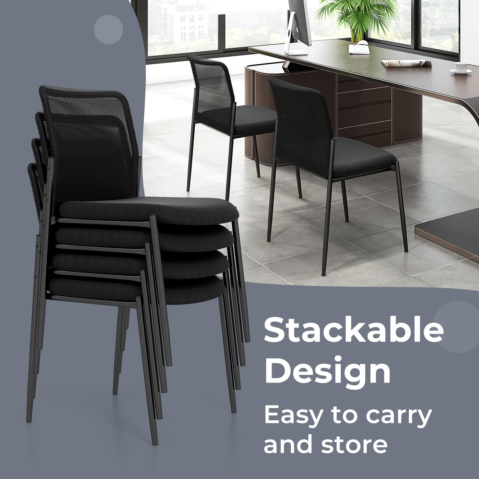 GIANTEX Juego de 2 Sillas de Conferencia, Sillas de Oficina Apilables con Respaldo de Malla Transpirable, Asiento Acolchado, Sillas sin Brazos para Sala de Espera, Oficina, Negro