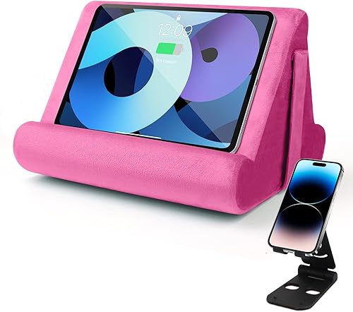 Miniatura 1 de Soporte universal para tableta multiángulo, soporte de almohadilla suave con bolsillo de red y soportes para teléfono para regazo, rodilla, sofá y