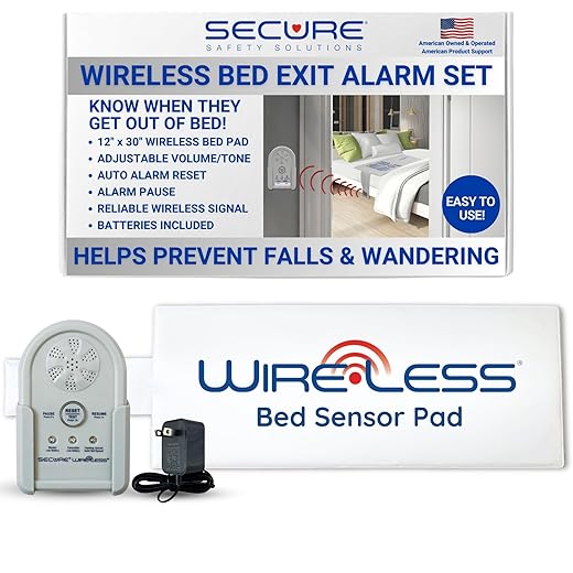 Wireless Bed Alarm for Elderly Adults - 12" x 30" Bed Sensor Pad, Alarm Monitor, Power Adapter - Bed Alarms and Fall Prevention for Monitoring Seniors, Dementia Patients by Secure Safety Solutions