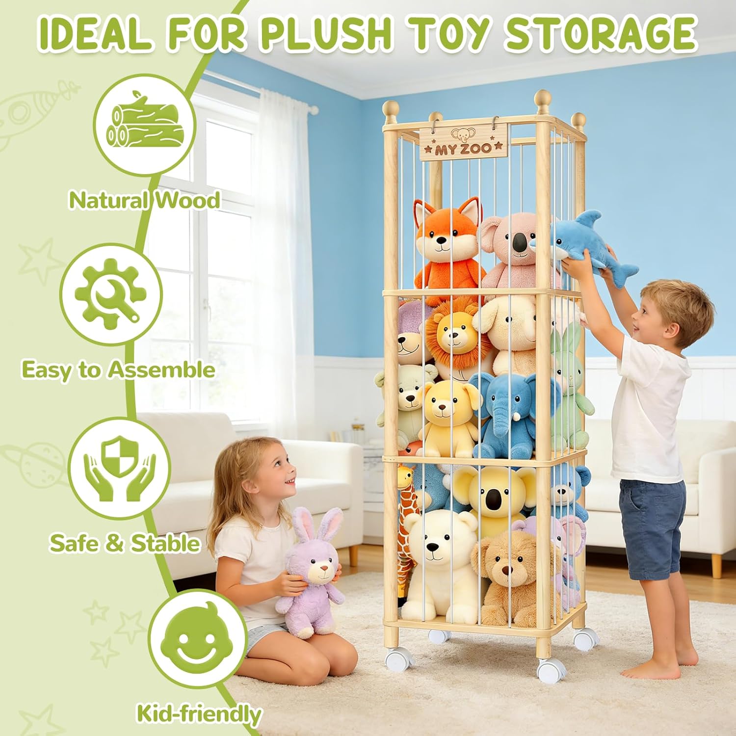 Stuffed Animal Storage Organizer,Large Wooden 𝐓𝐨𝐲 Plushies Storage Holder with Brake Wheels,Space Save 𝐓𝐨𝐲𝐬 Organizer, Large Capacity Stuffed Animal Holder for 𝐊𝐢𝐝room Playroom, 53.5"