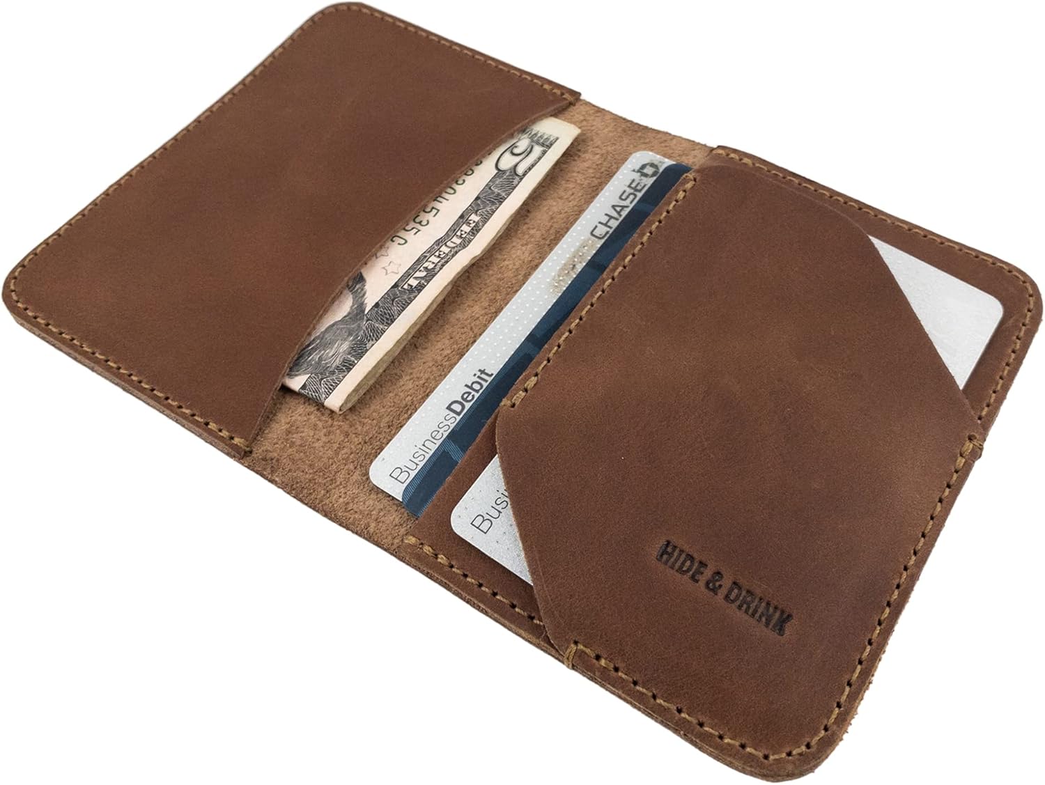 Hide & Drink, Bifold Card Wallet Diagonal Handmade from Full Grain Leather, Classy Compact Storage, Professional, Cash Organizer, Accessories - Single Malt Mahogany - Image 2