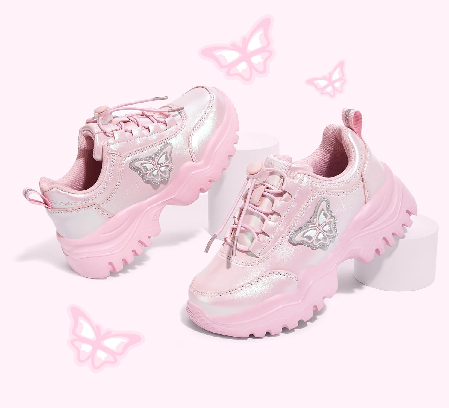 LUCKY STEP Kids Chunky Sneakers Fashion Platform Walking Tennis Shoe Sparkly Butterfly Faux Leather Elastic No-tie Laces School Shoes for Girls Boys - Image 7
