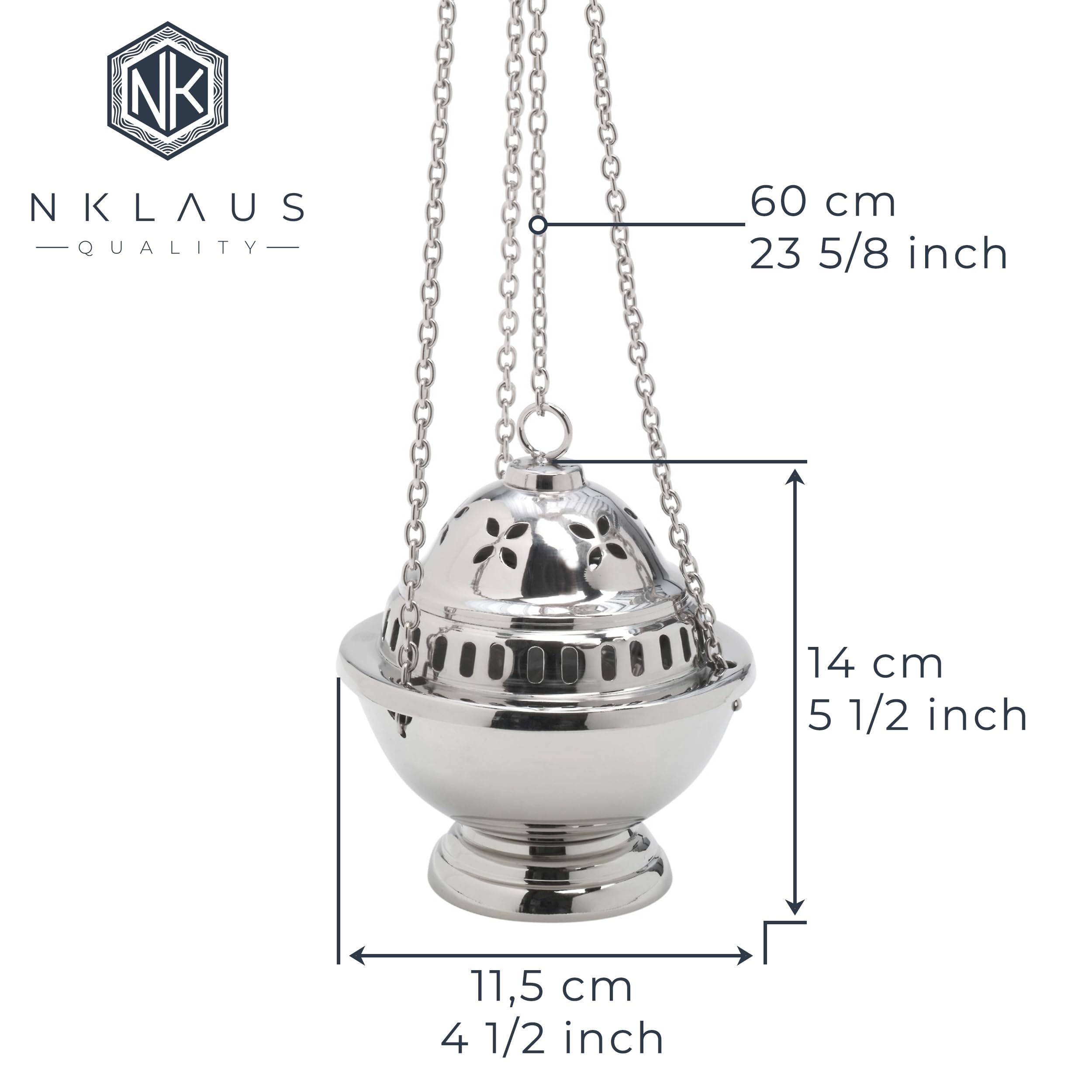 NKlaus incensario Plateado de latón con Cadena 60 cm y Copa extraíble Quemador Artesanal para Incienso meditación Ritual purificación Regalo Espiritual Hecho a Mano Altura 14 cm 2915