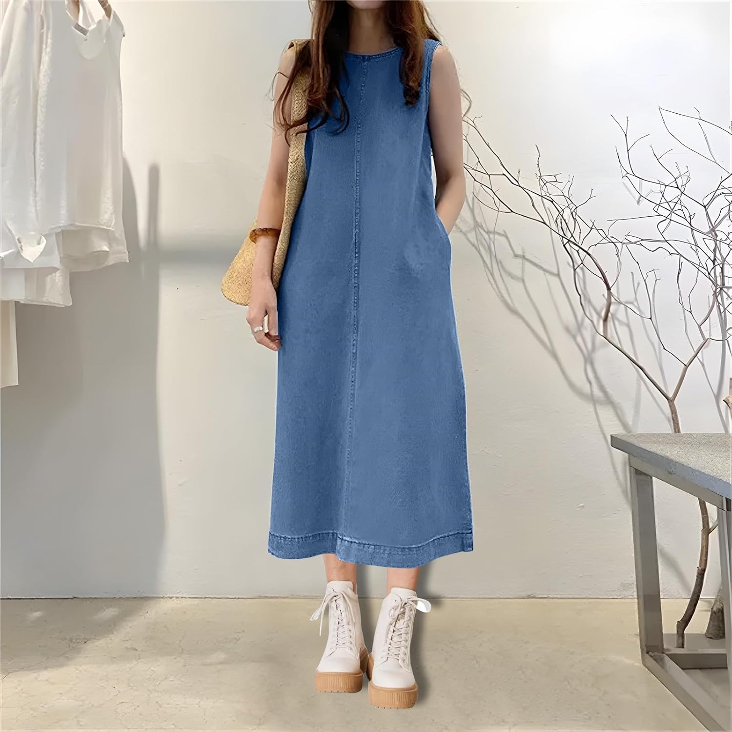 Women's Summer Denim Dress Crewneck Sleeveless Jean-Dress with Pocket Loose Casual Trendy Solid Midi Dresses