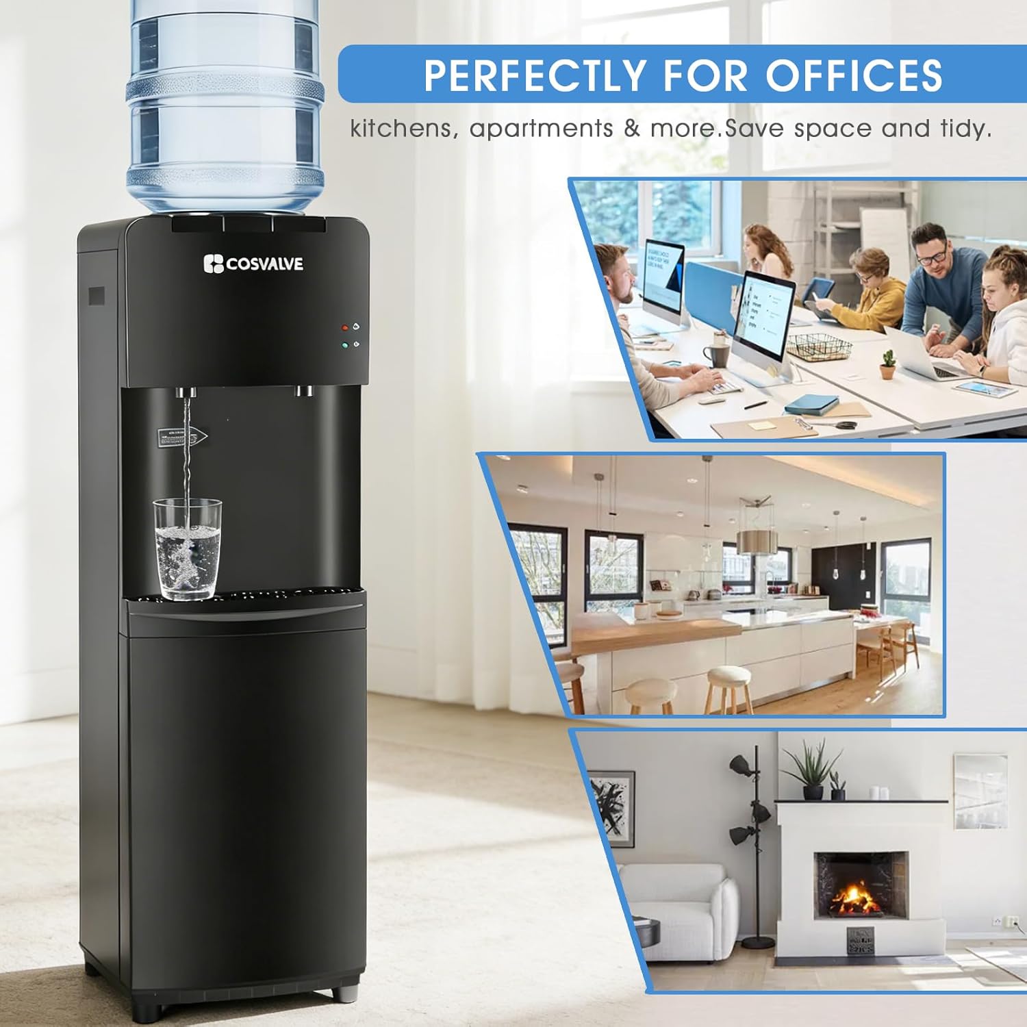 Top Loading Water Dispenser for 3 or 5 Gallon Bottles, Hot & Cold Water Cooler Dispenser with Child Safety Lock, Freestanding Water Cooler for Home Office Kitchen, Black